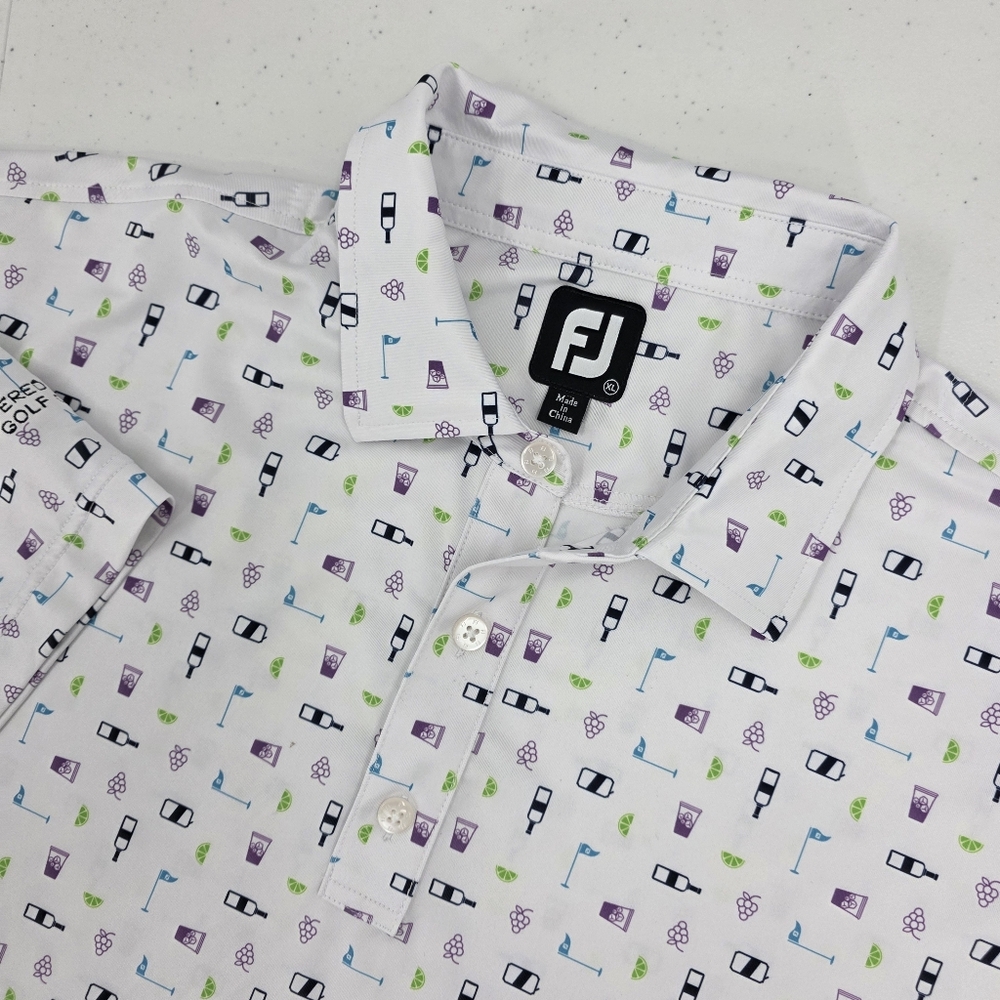 FootJoy Polo White Golf Performance Cocktail Wine Grapes Limes AOP XL Club Logo.